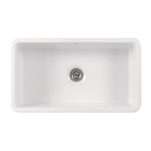 Gloss white ceramic farmhouse sink by Hafele