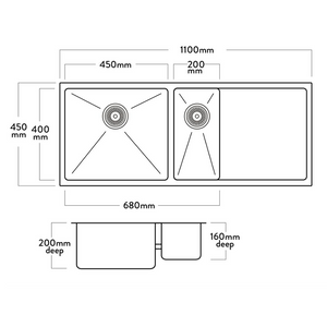 Mercer DV403-R Sink | Sheffield 450 x 400mm + 200 x 400mm + Drainer